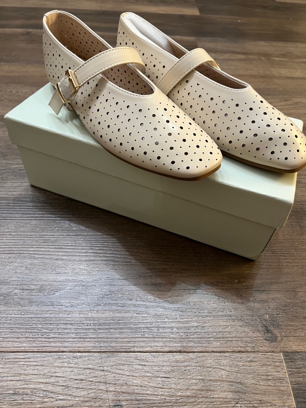 MOTF Cream Perforated Mary Jane Flats with Gold Buckle